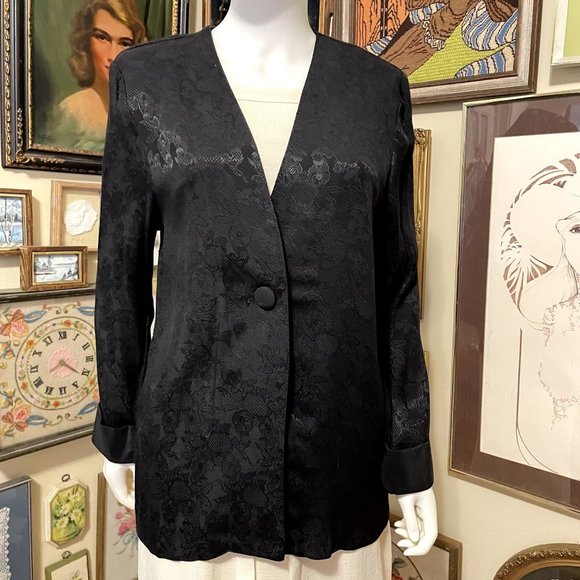 80s Vintage Signet Black Rayon Lace Print Jacquard One Button Long Sleeve Jacket - Picture 1 of 6
